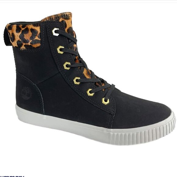 Timberland Skyla Bay Leather Calf Hair Leopard High Top Sneaker Boot Size 7 - Picture 2 of 15